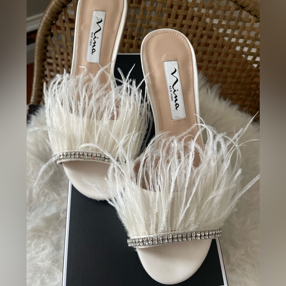 Nina Kat Feather Satin Shoes - Ivory - Size 6